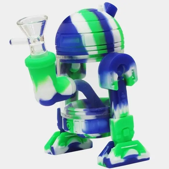 BONG IN VETRO E SILICONE R2 H 14cm Verde, Blu e Bianco