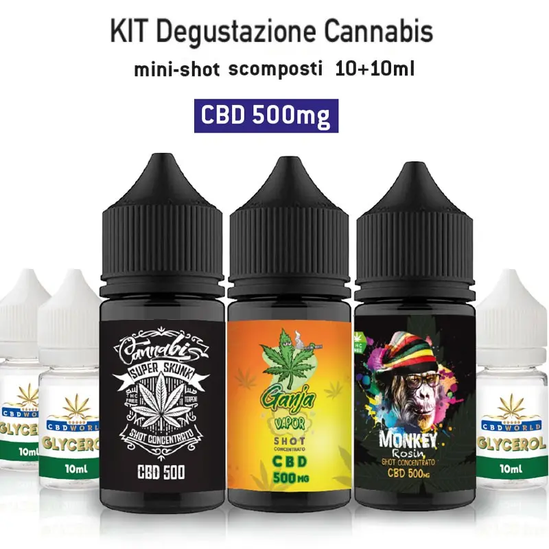 KIT E-LIQUID SCOMPOSTI (da miscelare) MINI SHOT SERIES MIX AND VAPE CBD 500mg 10+10ml