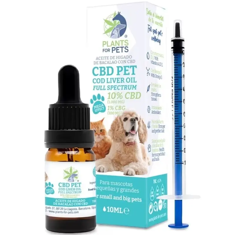 OLIO CON CBD AL 10% e CBG AL 1% FULL SPECTRUM PER ANIMALE DOMESTICO AL FEGATO DI MERLUZZO Flacone da 10ml PLANTS FOR PETS